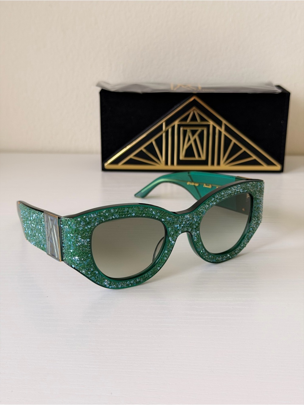 New ANNA KARIN KARLSSON Green Crystals Cat Eye Swarovski Sunglasses Authentic